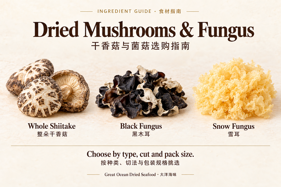 Dried white-flower shiitake, black fungus and snow fungus with English and Chinese labels