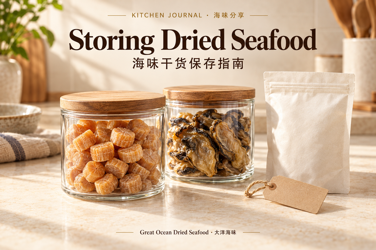 How to Store Dried Seafood in Malaysia — Great Ocean Dried Seafood bilingual editorial illustration
