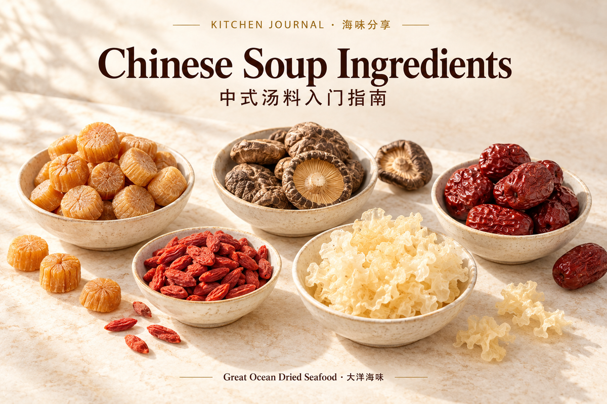 A Beginner's Guide to Chinese Soup Ingredients — Great Ocean Dried Seafood bilingual editorial illustration