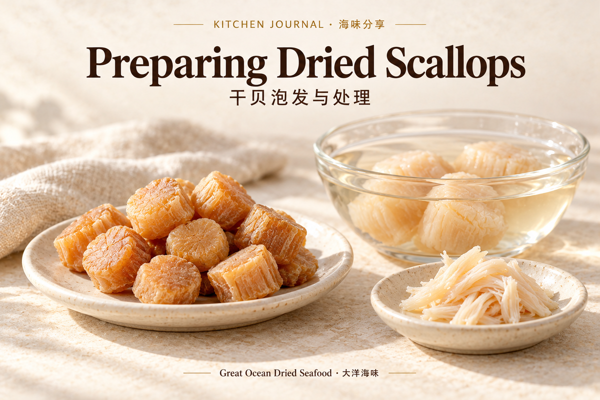 How to Soak Dried Scallops for Soups, Porridge and Everyday Cooking — Great Ocean Dried Seafood bilingual editorial illustration