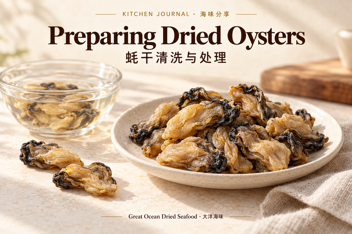 How to Prepare Dried Oysters for Chinese Cooking — Great Ocean Dried Seafood bilingual editorial illustration