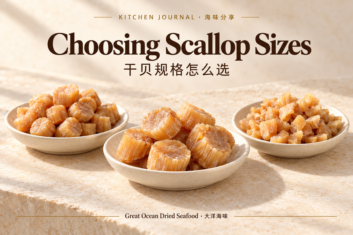 Dried Scallop Sizes Explained: Which Size Suits Your Dish? — Great Ocean Dried Seafood bilingual editorial illustration