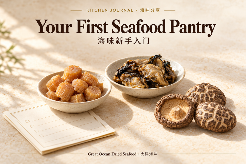 Dried Seafood for Beginners: What to Buy for Your First Pantry — Great Ocean Dried Seafood bilingual editorial illustration