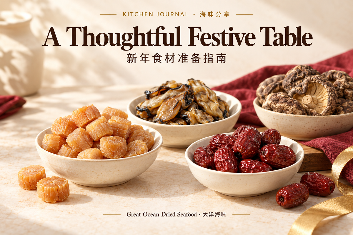 Chinese New Year Ingredients: A Practical Shopping Guide — Great Ocean Dried Seafood bilingual editorial illustration
