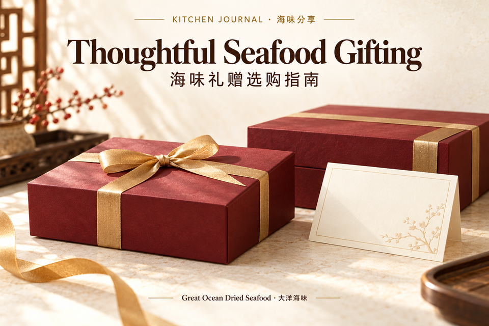 Choosing Dried Seafood Gifts for Family, Friends and Business Partners — Great Ocean Dried Seafood bilingual editorial illustration