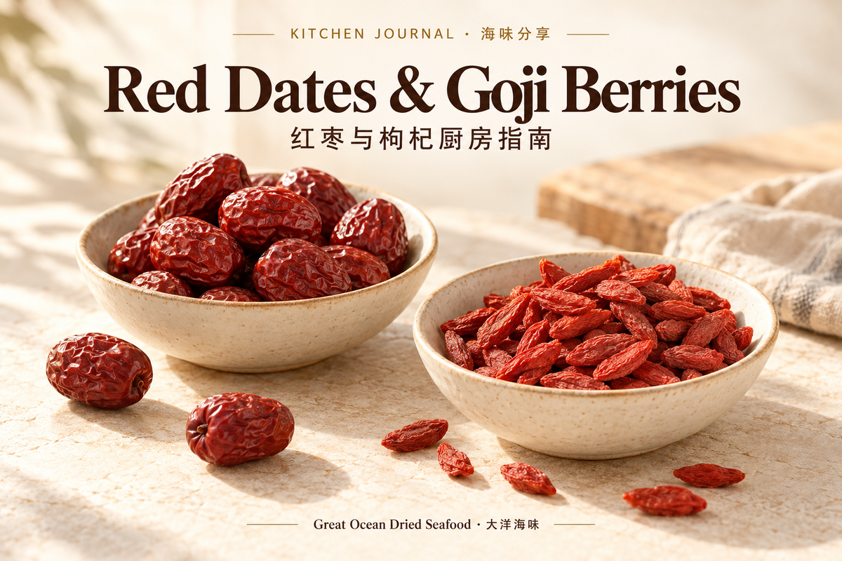 Red Dates and Goji Berries: Choosing and Using Them in Your Kitchen — Great Ocean Dried Seafood bilingual editorial illustration