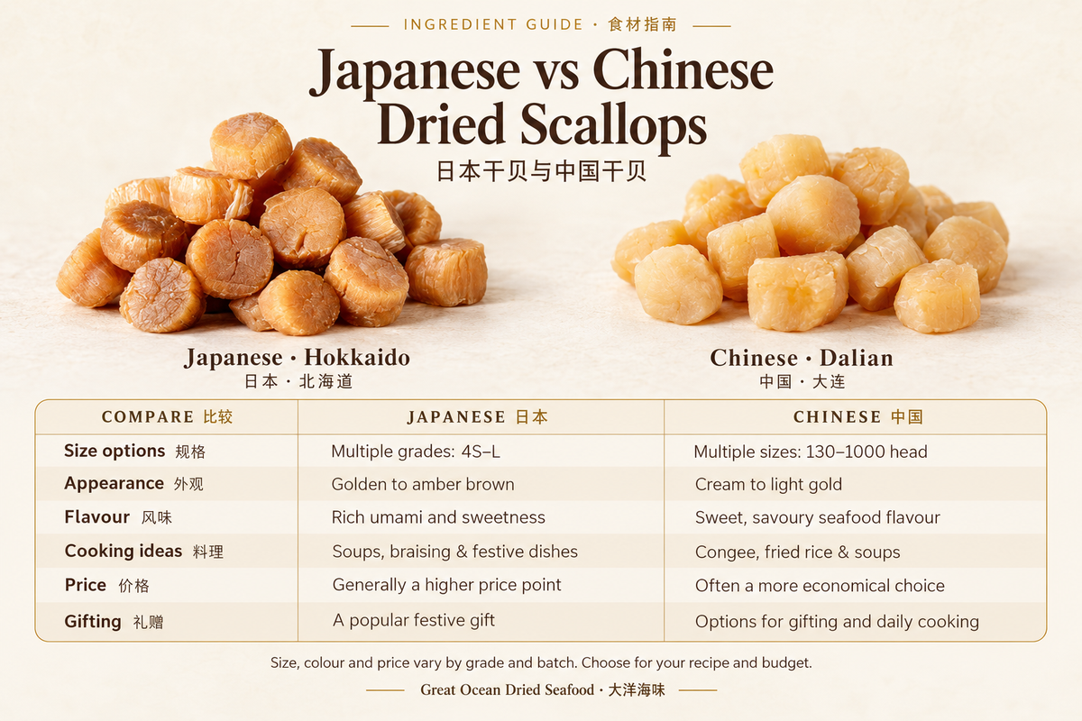 Japanese Hokkaido and Chinese Dalian dried scallops compared by size options, appearance, flavour, cooking uses, price and gifting.