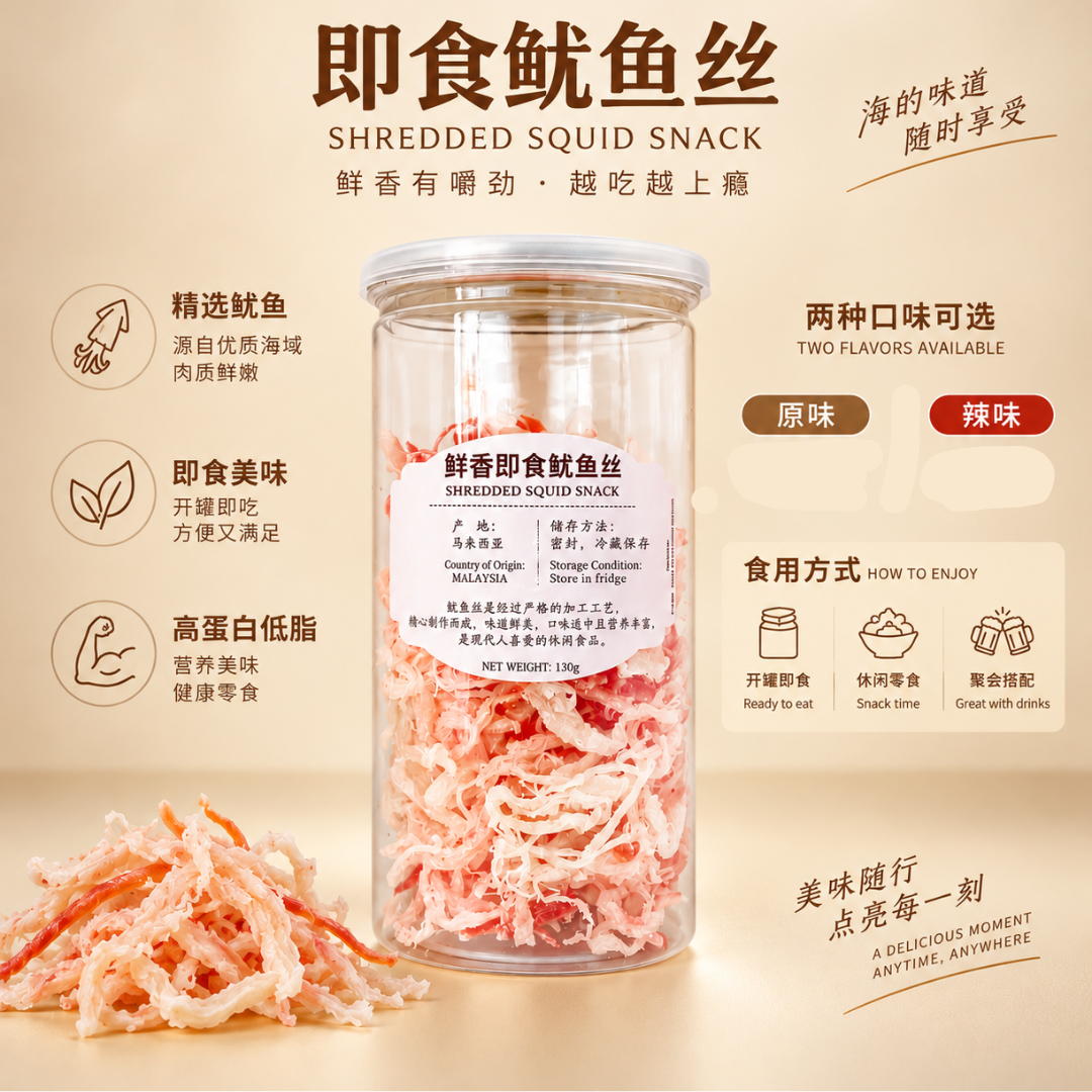 即食鱿鱼丝 130g Shredded Squid Snack 鱿鱼丝 鱿鱼零食 海鲜零食 原味/辣味 大洋海味 Dried Squid Seafood Snack Ready to Eat Great Ocean