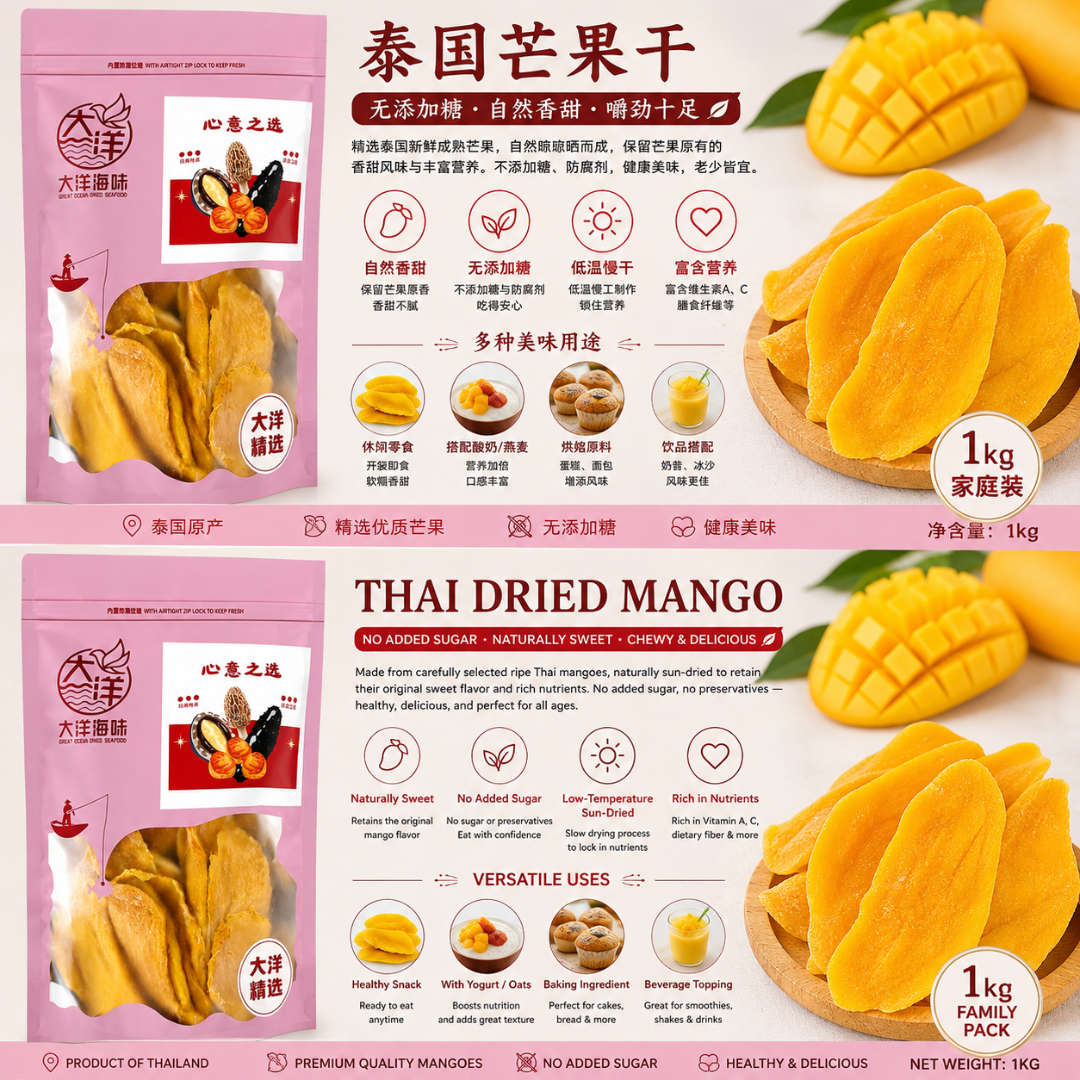 泰国芒果干 Thailand Dried Mango (No Sugar Added) 无添加糖粉