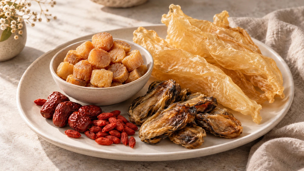 A selection of dried scallops, fish maw, dried oysters, red dates and goji berries