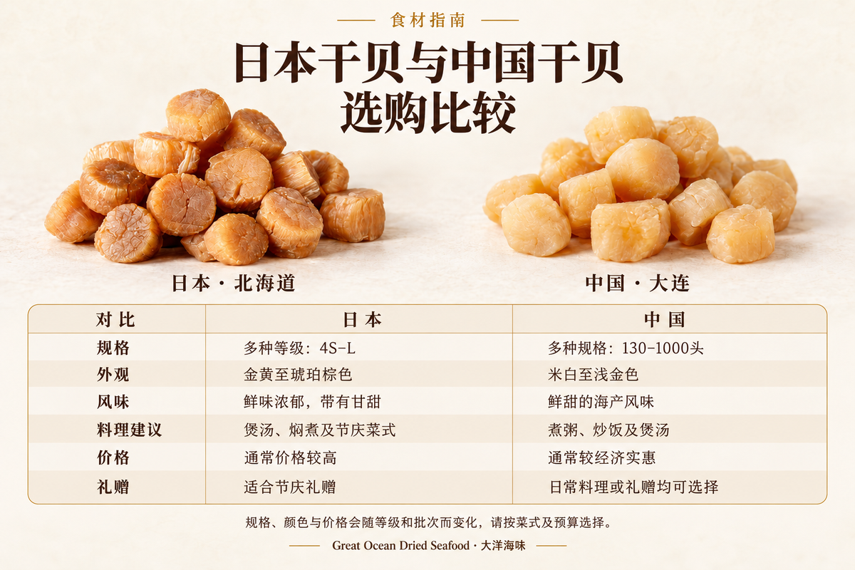 日本干贝与中国干贝选购比较：规格、外观、风味、料理建议、价格与礼赠用途，大洋海味食材指南